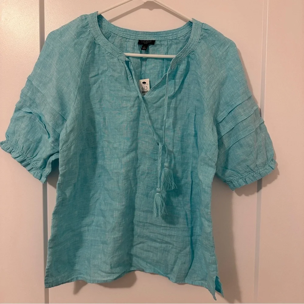 Talbots Aqua Blue Linen Peasant Tunic With Pleated Sleeves Size SP Women’s NWT - Picture 2 of 14